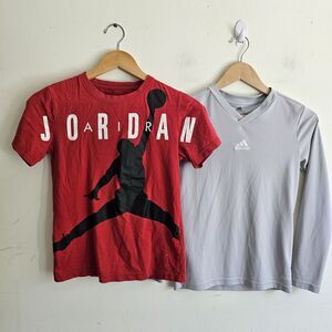 Nike Red Jordan Graphic Tee & Adidas Long Sleeve Shirt Lot 10-11Y Good Condition